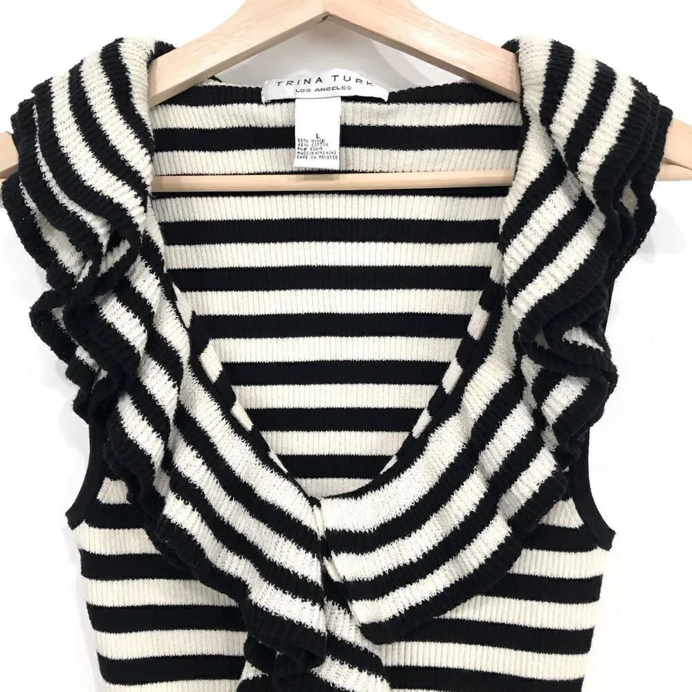 Trina Turk Black White Striped Quill Sleeveless Ruffle Neck Knit Top